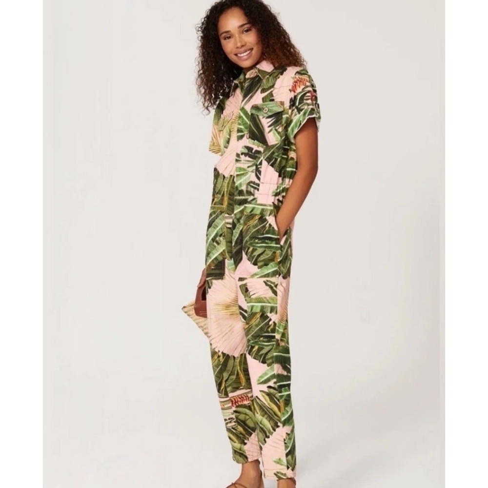 FARM Rio Pink and Green Tropical Print Jumpsuit